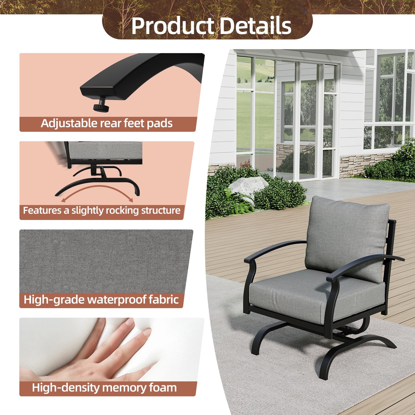 Gotland 2 Pieces Patio Furniture Set, Outdoor Metal Rocking Chair, Patio Bistro Set Rocker with Thickened Cushions for Porch Garden Deck