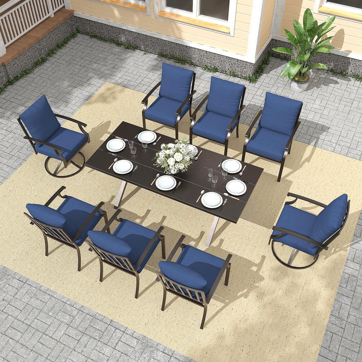 Gotland 9 Piece Outdoor Dining Set, Metal Outdoor Table,6 Single chairs and 2 Swivel Chairs , Patio Furniture Set with Waterproof Cushions, Patio Dining Sets for Backyard Deck ,Sand