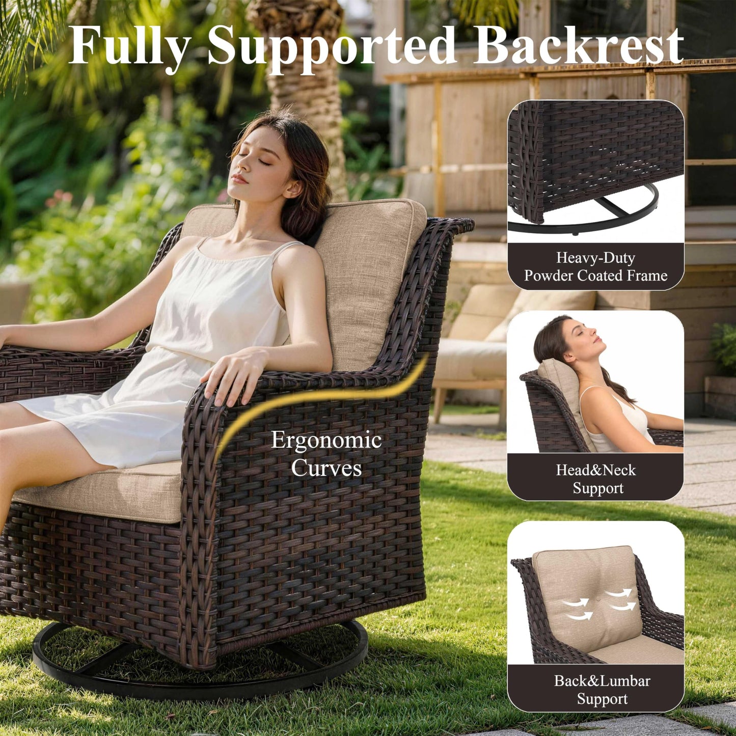 ALAULM 8PCS Patio Furniture Set, Outdoor Thick Wicker Sectional Sofas with Swivel Chair & Ottoman, High Back Sectional Couch with Fire Pit Table, Outdoor Conversation Set for Backyard, Porch, Sand