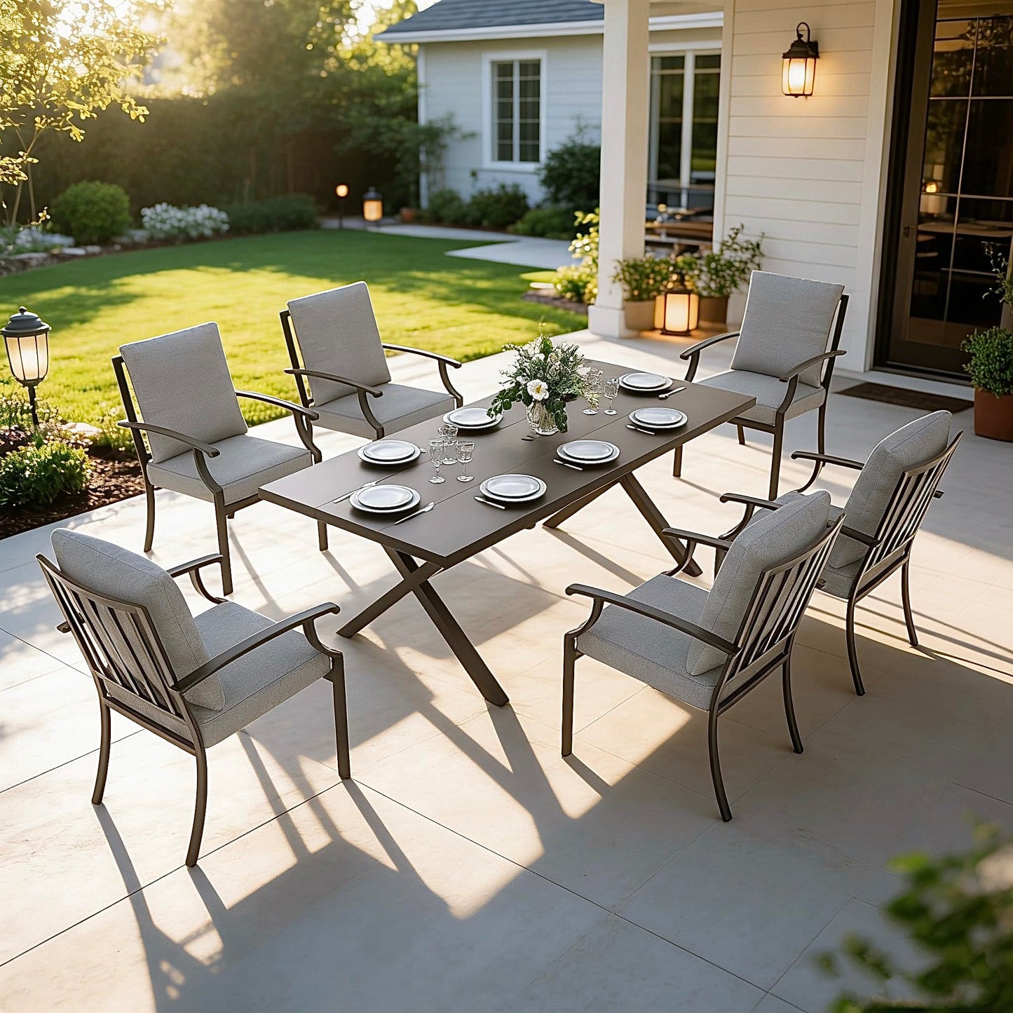 Gotland 7 Piece Outdoor Dining Set, Metal Outdoor Table and Chairs with X-Shaped Legs 1.5" Umbrella Hole, Patio Furniture Set with Waterproof Cushions, Patio Dining Sets for Backyard Deck ,Sand 5 out of 5 stars