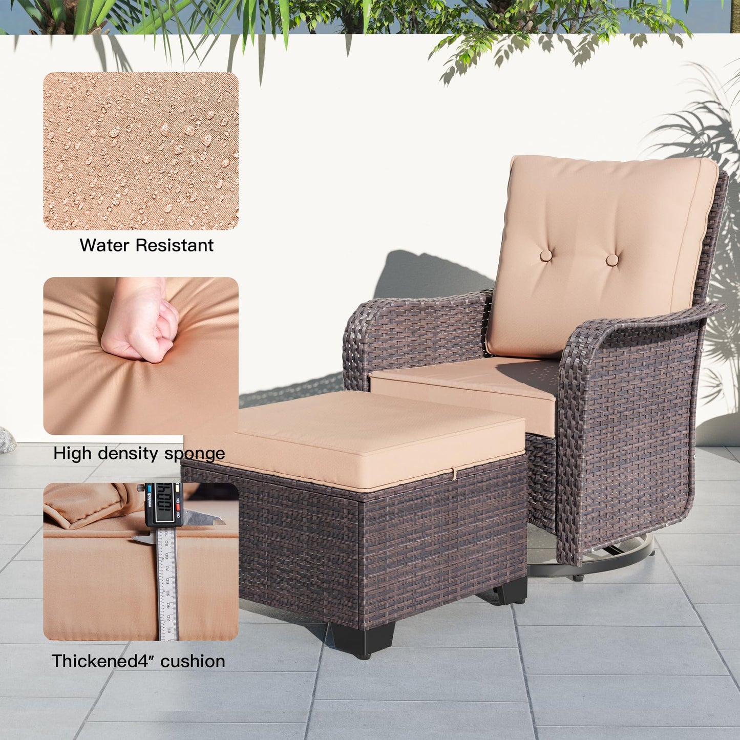 Gotland 5 Pieces Outdoor Swivel Chairs Set,Patio Wicker Rocker Chairs with 4" Thick Cushions,Side Table and Ottomans,Patio Conversation Furniture Set for Patio Porch Deck Backyard