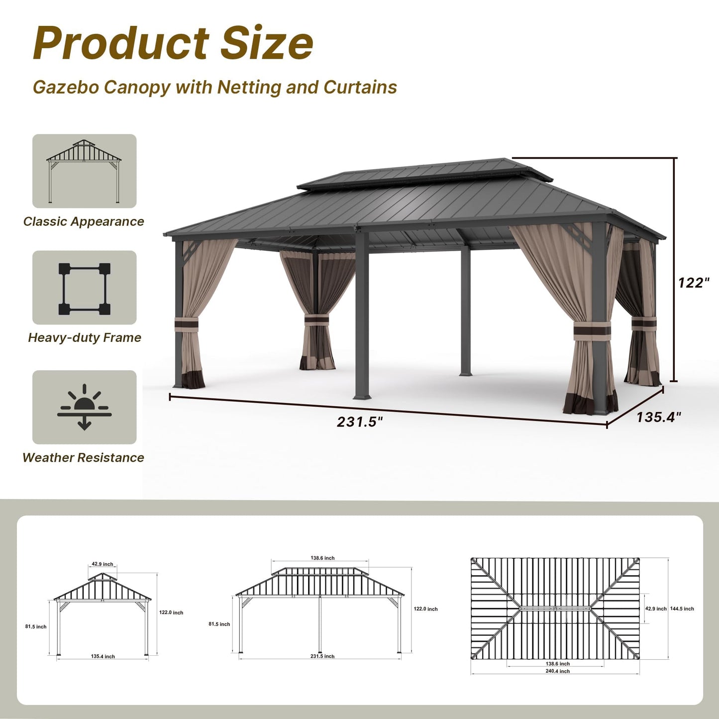 Gotland 12' x 20' Hardtop Gazebo, Outdoor Galvanized Steel Double-Roof Gazebo with Curtains and Netting for Patios, Gardens, and Lawns
