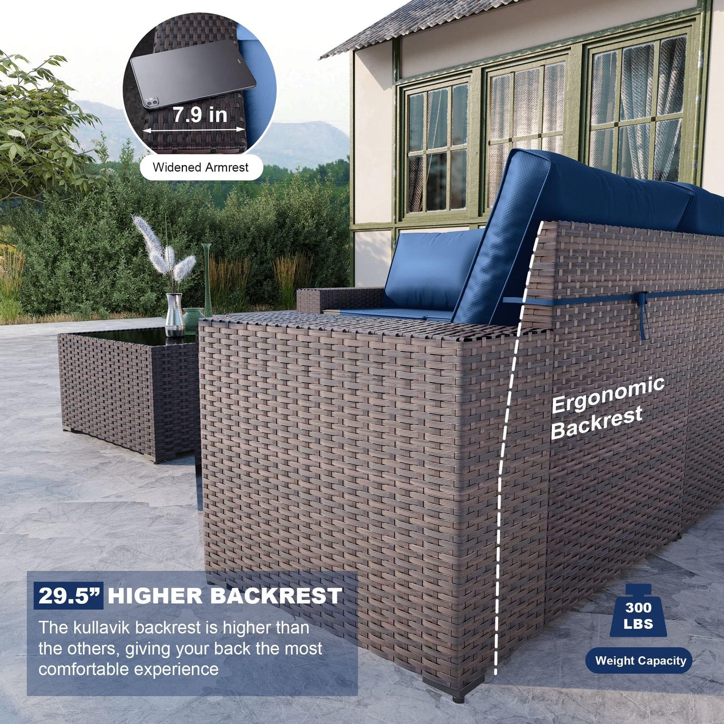 Gotland 6 Pieces Outdoor Patio Furniture Set Rattan Wicker Conversation Set,Wide Armrest