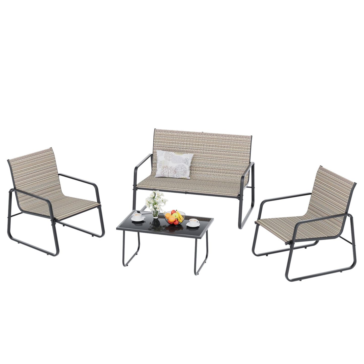 ALAULM 4 Pieces Outdoor Furniture Set All Weather Textile Fabric Patio Conversation Set w/Coffee Table, Loveseat, 2 Single Chairs for Patio, Yard, Garden, Lawn(Brown)
