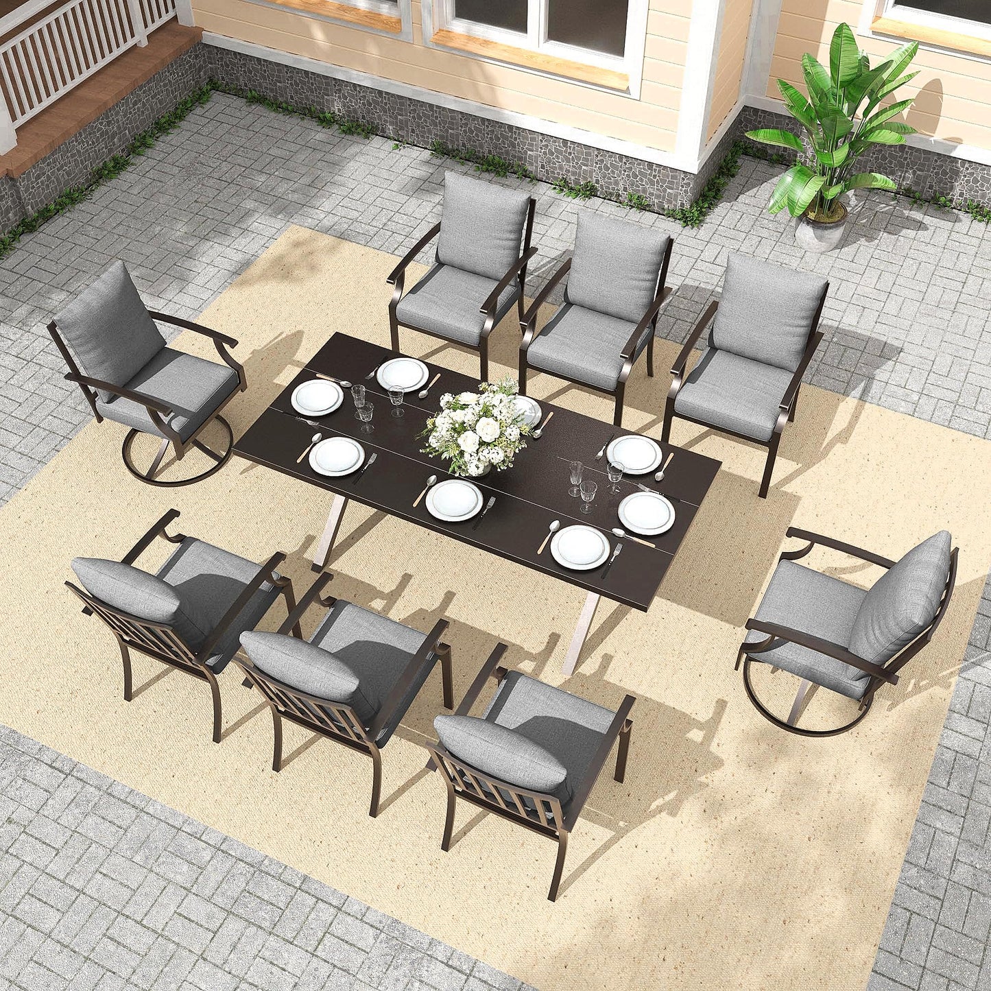 Gotland 9 Piece Outdoor Dining Set, Metal Outdoor Table,6 Single chairs and 2 Swivel Chairs , Patio Furniture Set with Waterproof Cushions, Patio Dining Sets for Backyard Deck ,Sand