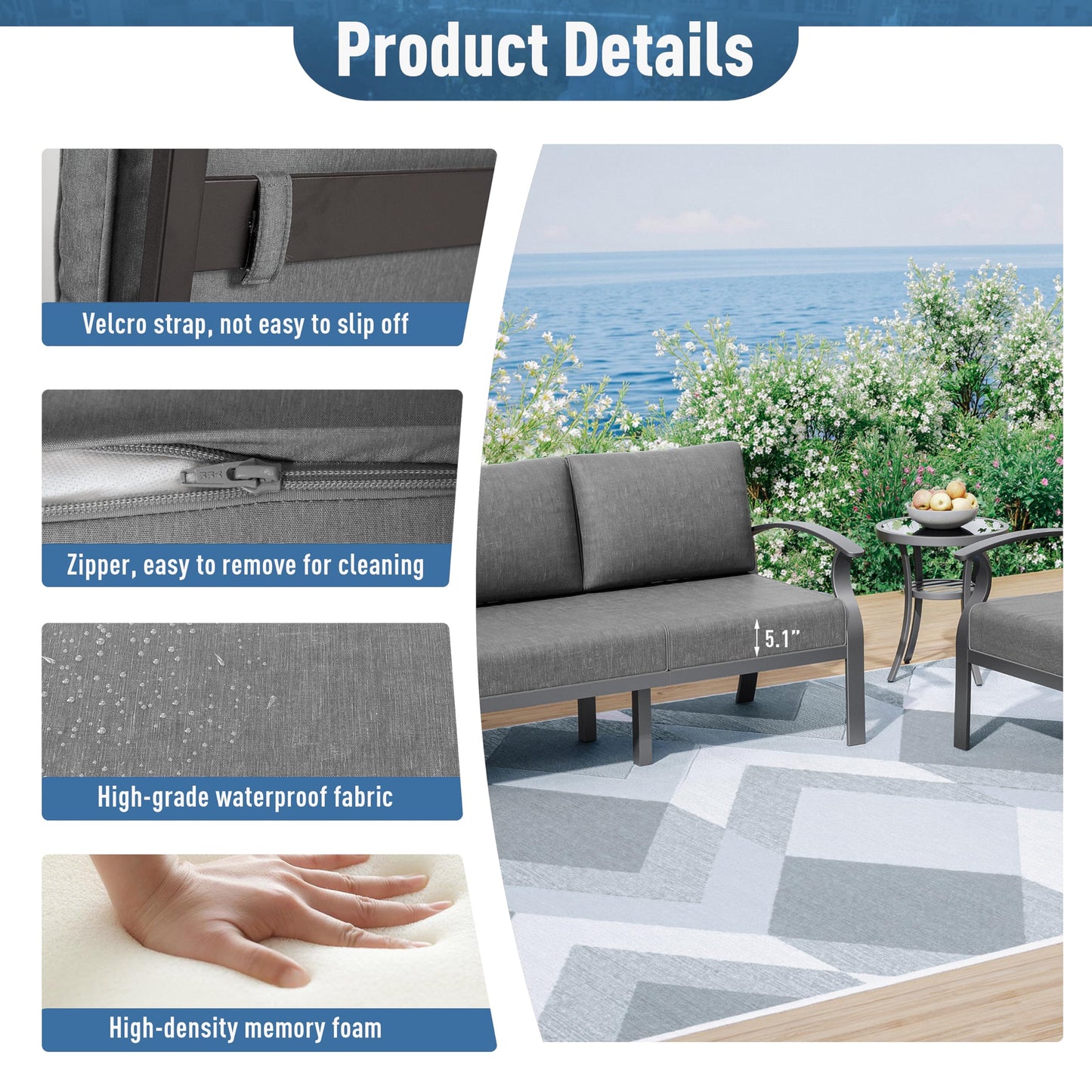ALAULM Aluminum Patio Furniture Set 5-Seat Modern Outdoor Conversation Sets w/Swivel Rocking Chairs with Rectangular Coffee Table