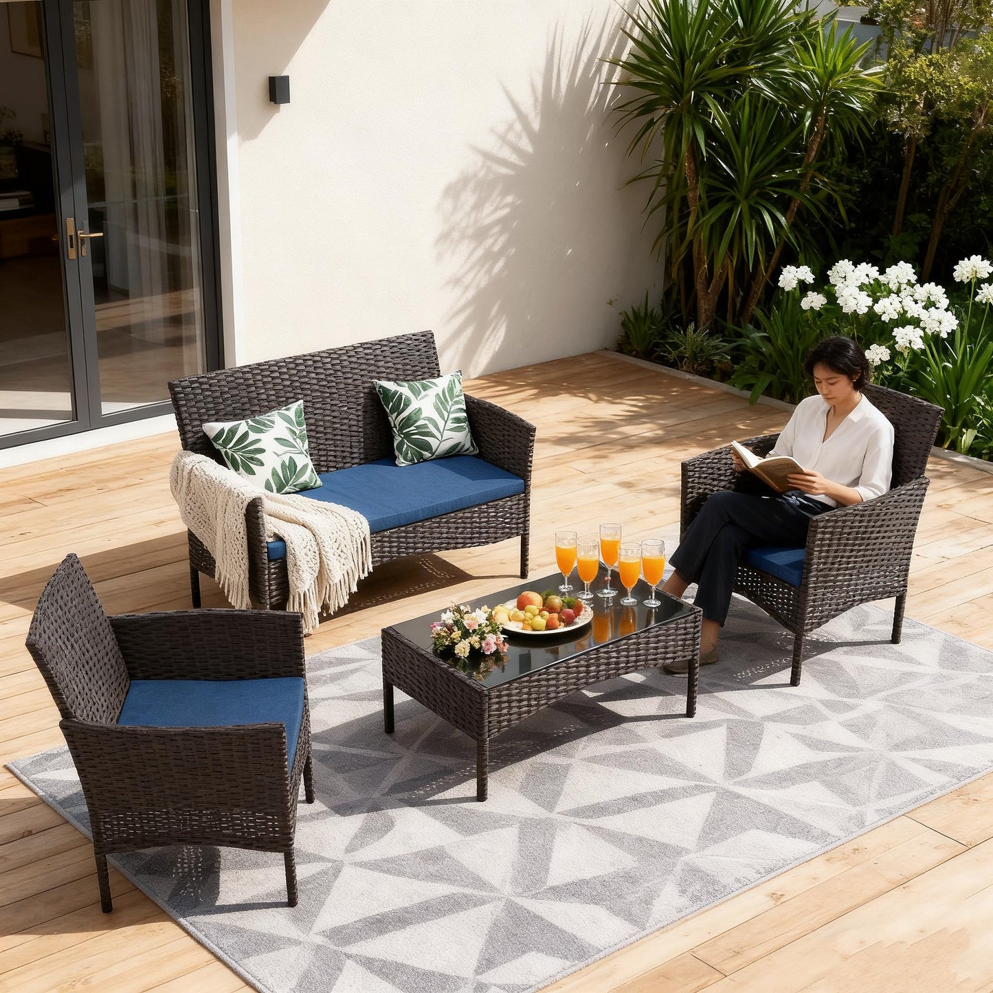 Gotland 4-Piece Outdoor Patio Furniture Set, Wicker Rattan Chairs & Sofa with Cushions and Glass Coffee Table, Conversation Set for Backyard, Lawn, Porch, Pool, Garden,Khaki