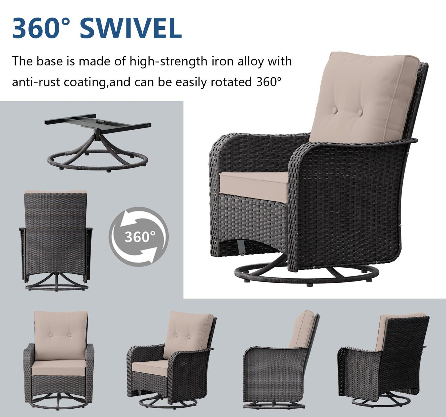 Gotland 3-Piece All-Weather Outdoor Patio Set, Wicker Swivel Chairs and Side Table, Durable Conversation Furniture for Backyard, Porch, Balcony, Deck