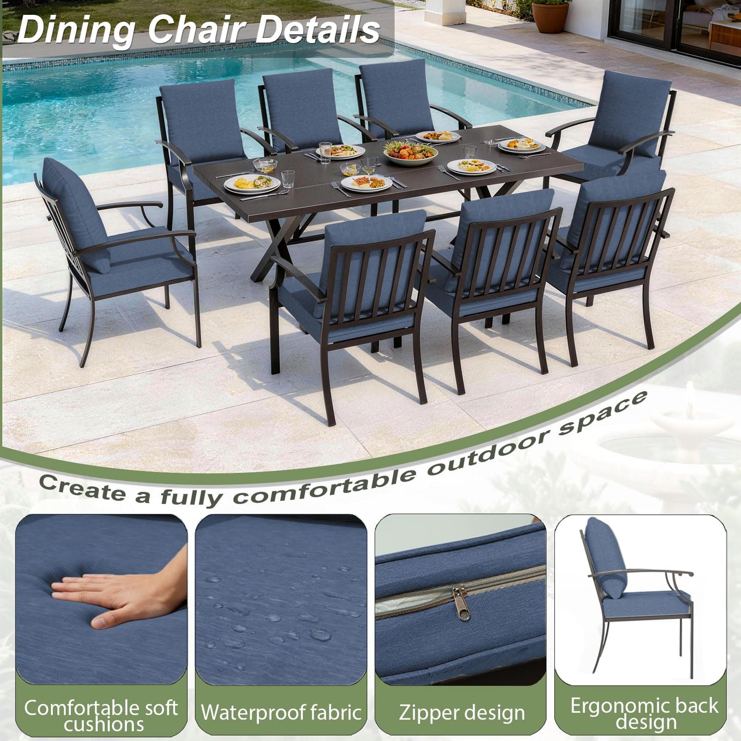 Gotland 10PCS Patio Conversation Set, Metal Outdoor Furniture Set Includes 13.6FT Umbrella, Hole Cut-Out 78.7" x 35.4" Table and 8 Metal Stackable chairs for Backyard Garden