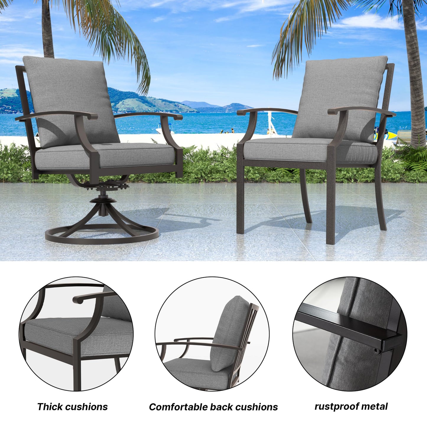 Gotland 5-Piece Outdoor Patio Dining Set, 48 Inch Round Propane Fire Pit Table with 4 Fixed Rocking Chairs, All Weather Patio Conversation Furniture for Backyard Deck Garden, Gray