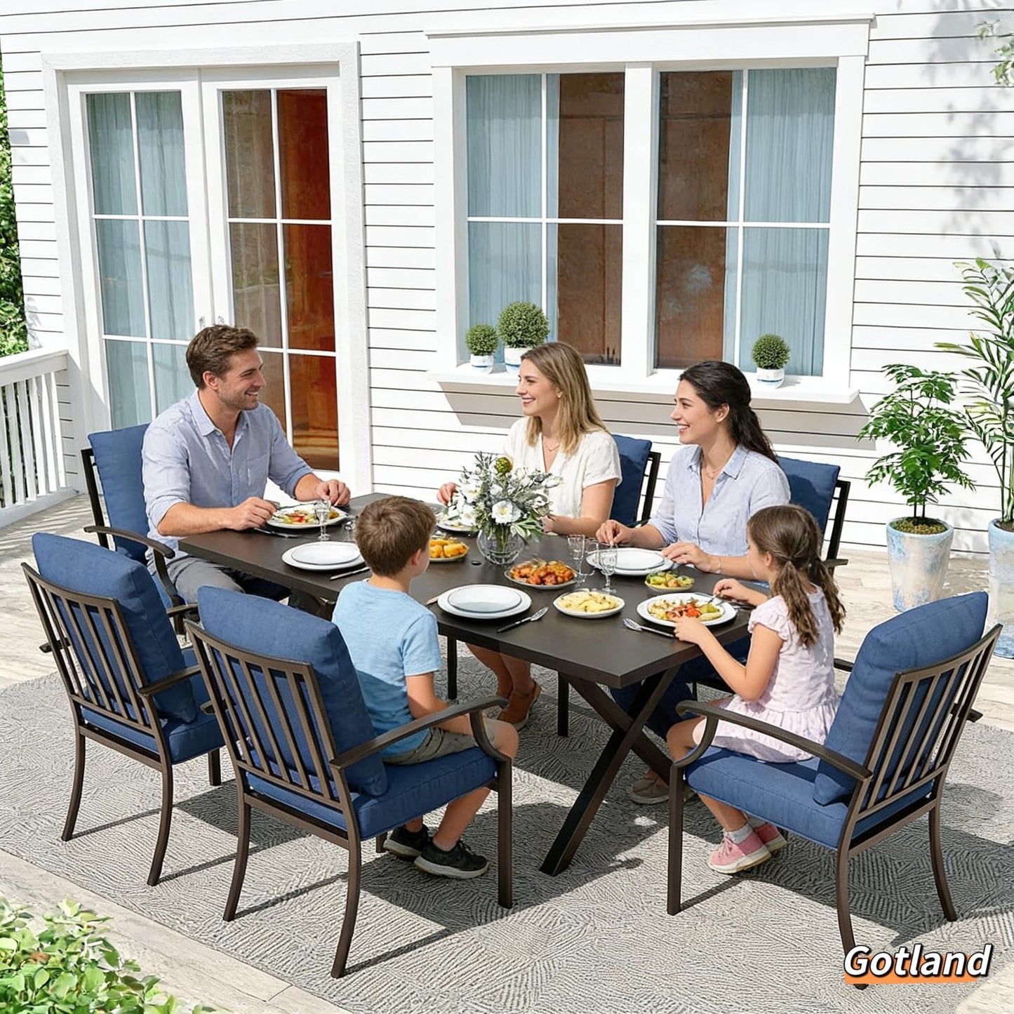 Gotland 7 Piece Outdoor Dining Set, Metal Outdoor Table and Chairs with X-Shaped Legs 1.5" Umbrella Hole, Patio Furniture Set with Waterproof Cushions, Patio Dining Sets for Backyard Deck ,Sand 5 out of 5 stars