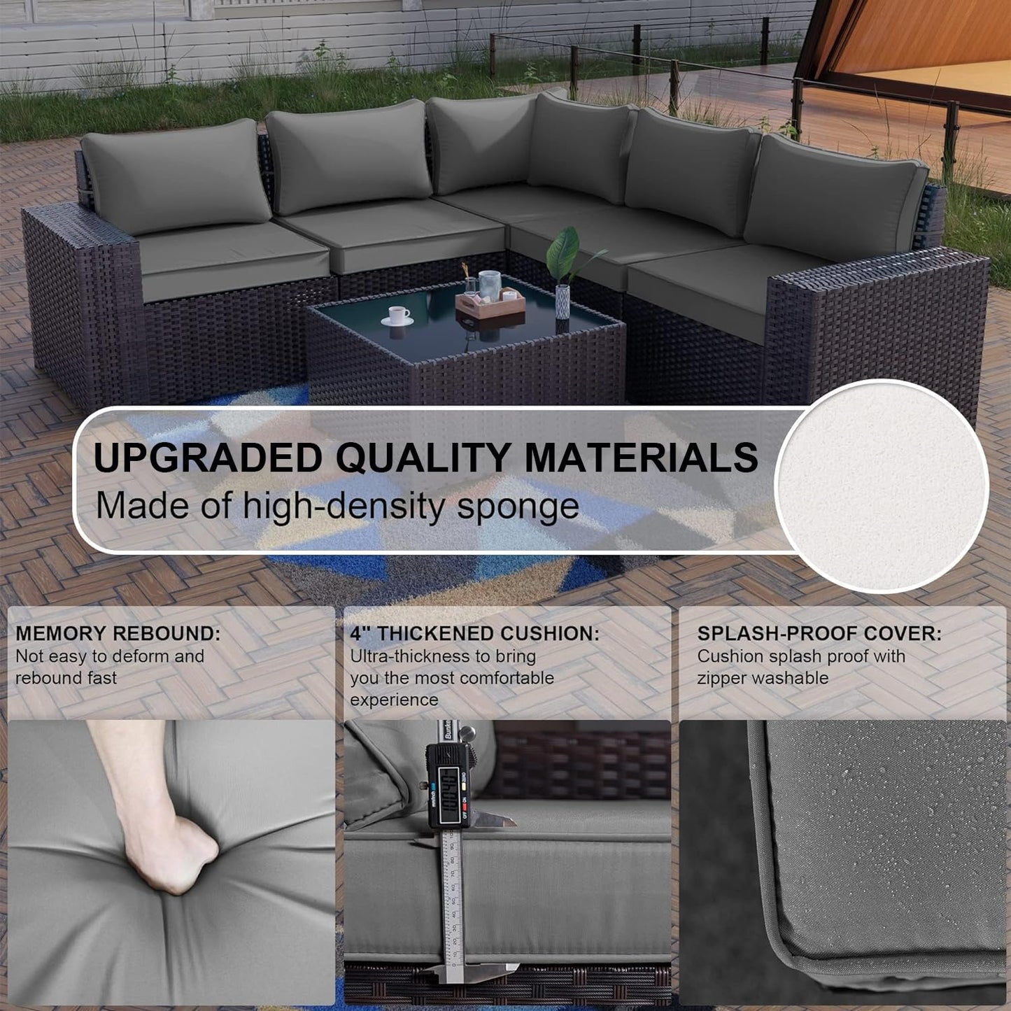 Gotland 6 Pieces Outdoor Patio Furniture Set Rattan Wicker Conversation Set,Wide Armrest