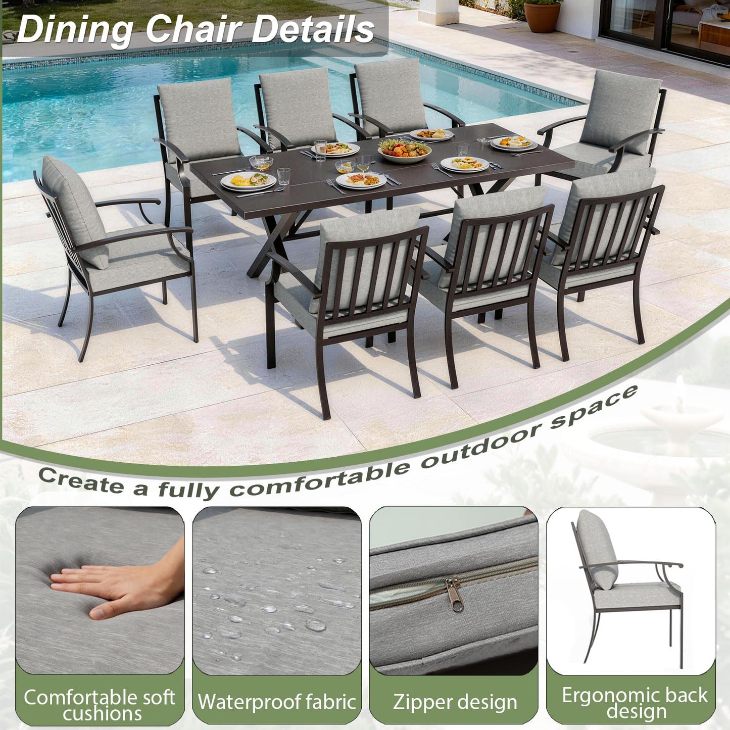 Gotland 10PCS Patio Conversation Set, Metal Outdoor Furniture Set Includes 13.6FT Umbrella, Hole Cut-Out 78.7" x 35.4" Table and 8 Metal Stackable chairs for Backyard Garden