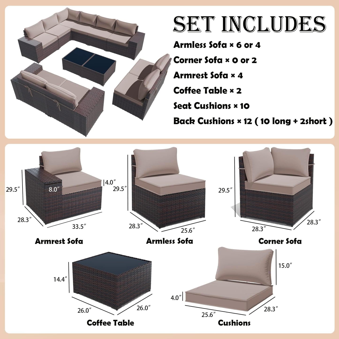Gotland Outdoor Patio Furniture Sectional Conversation Set 12Pcs Rattan Wicker 10 Cushion Table