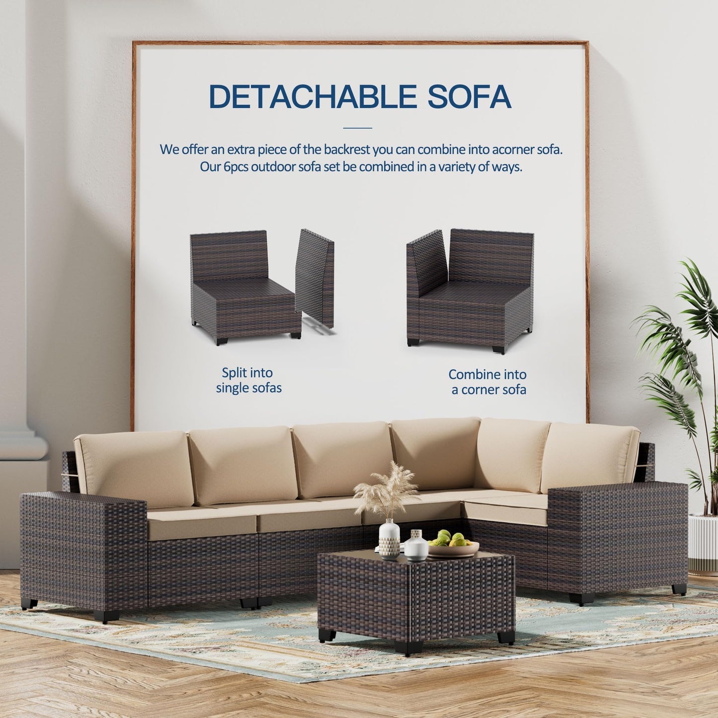 Gotland 6 Pieces Outdoor Patio Furniture Set Rattan Wicker Conversation Set,Wide Armrest