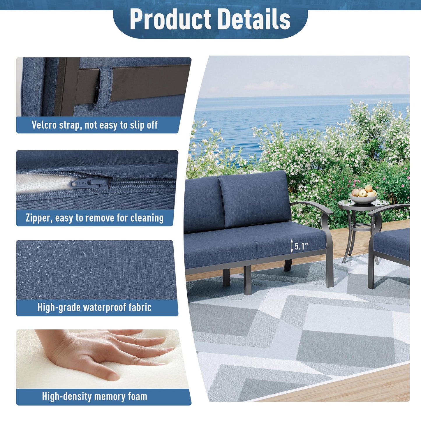 ALAULM Aluminum Patio Furniture Set 5-Seat Modern Outdoor Conversation Sets w/Swivel Rocking Chairs with Rectangular Coffee Table