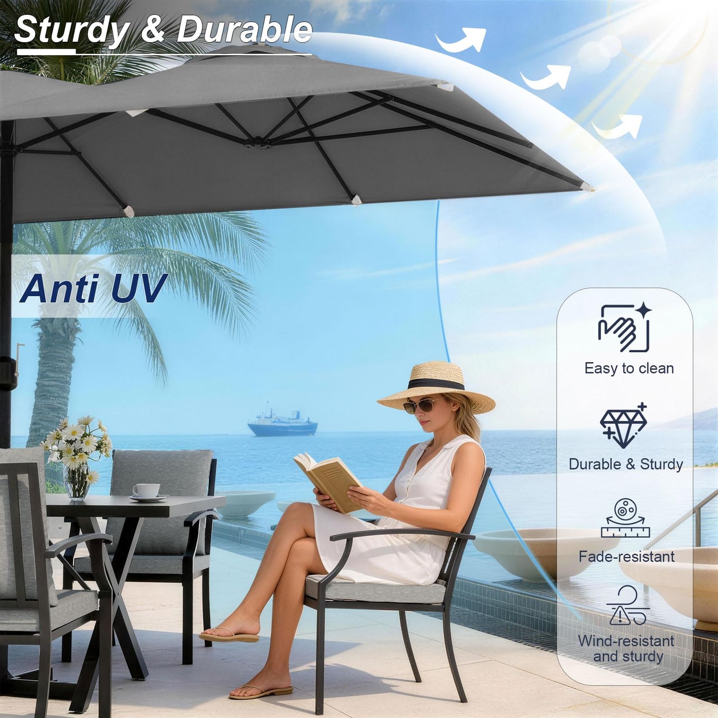 Gotland 10PCS Patio Conversation Set, Metal Outdoor Furniture Set Includes 13.6FT Umbrella, Hole Cut-Out 78.7" x 35.4" Table and 8 Metal Stackable chairs for Backyard Garden