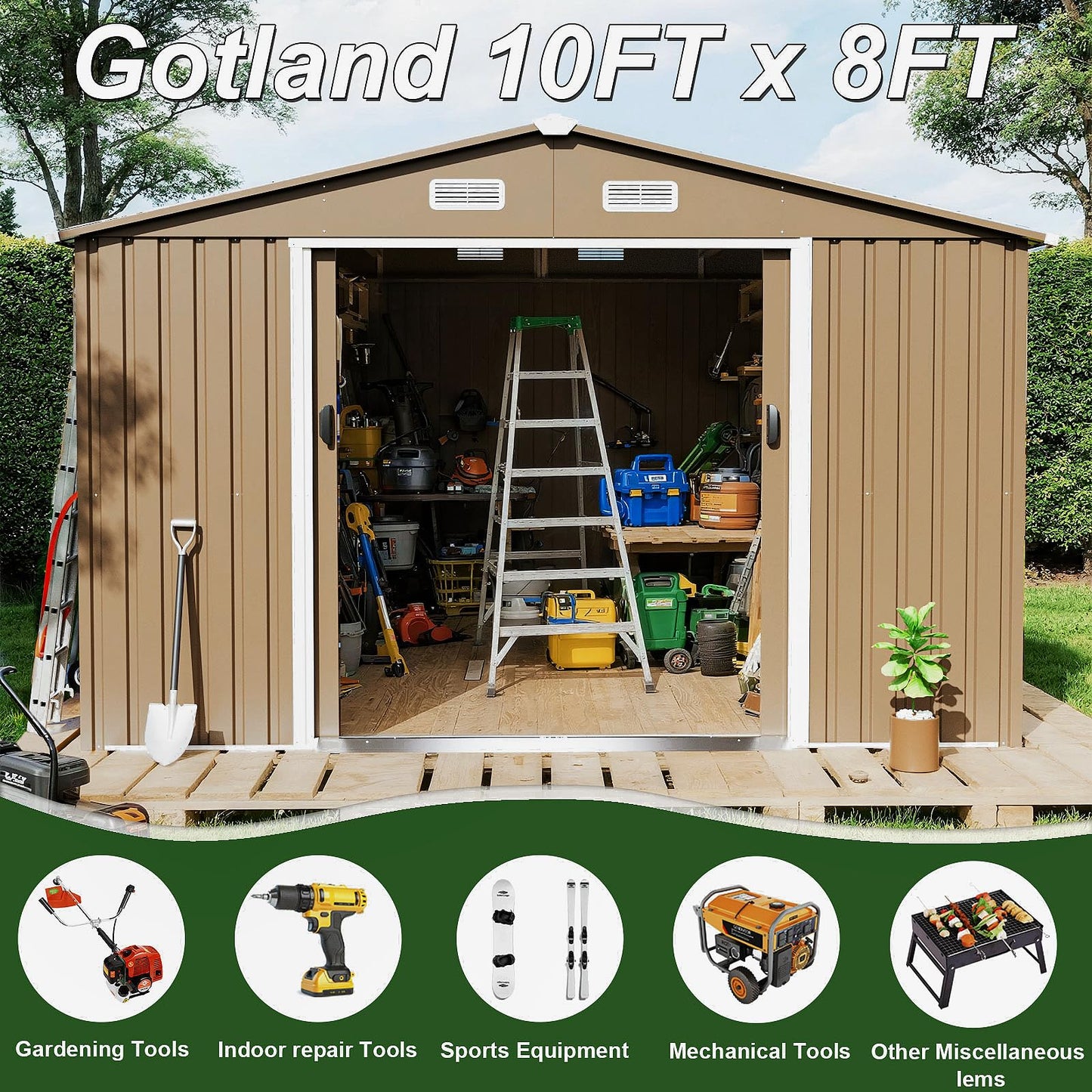 Gotland 10 x 8 FT Metal Tool Storage Shed - Waterproof Outdoor Shed with Lockable Sliding Door & Air Vents for Garden/Backyard
