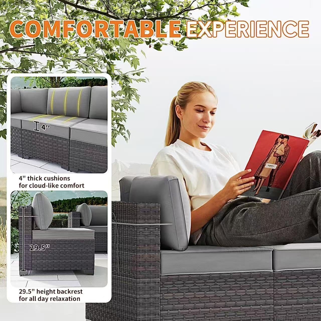 Gotland Outdoor Patio Furniture Set 9 Piece Sectional Rattan Sofa Set Rattan Wicker Patio Conversation Set with 8 Seat Cushions and 1 Tempered Glass Table
