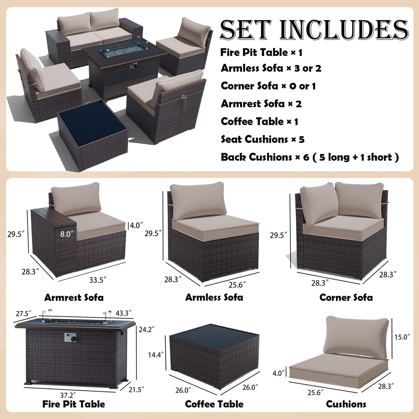 Gotland Outdoor Patio Furniture Set with 43" Propane Fire Pit Table, 7 Pieces Outdoor Furniture Patio Sectional Sofa Conversation Sets
