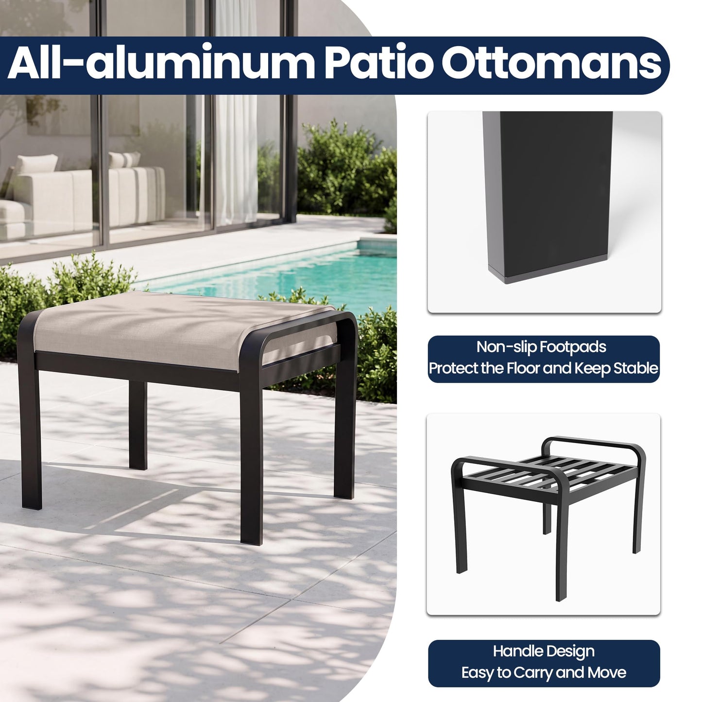 ALAULM 2PCS Aluminum Outdoor Ottomans with Removable Cushion, Oversized Outdoor Footstools, Additional Seating, Multipurpose Outdoor Footrests for Balcony, Garden, Sand