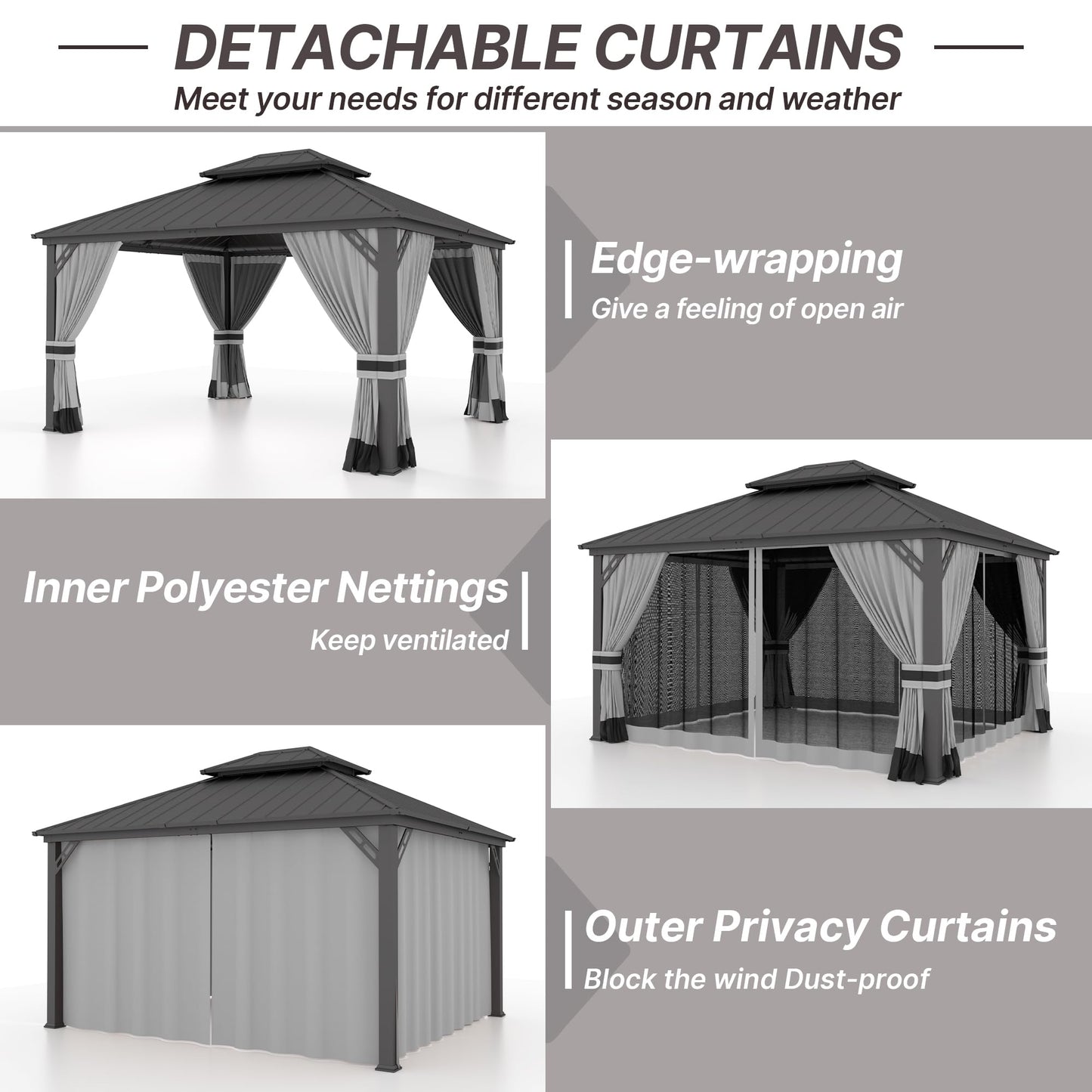 Gotland 12' x 20' Hardtop Gazebo, Outdoor Galvanized Steel Double-Roof Gazebo with Curtains and Netting for Patios, Gardens, and Lawns