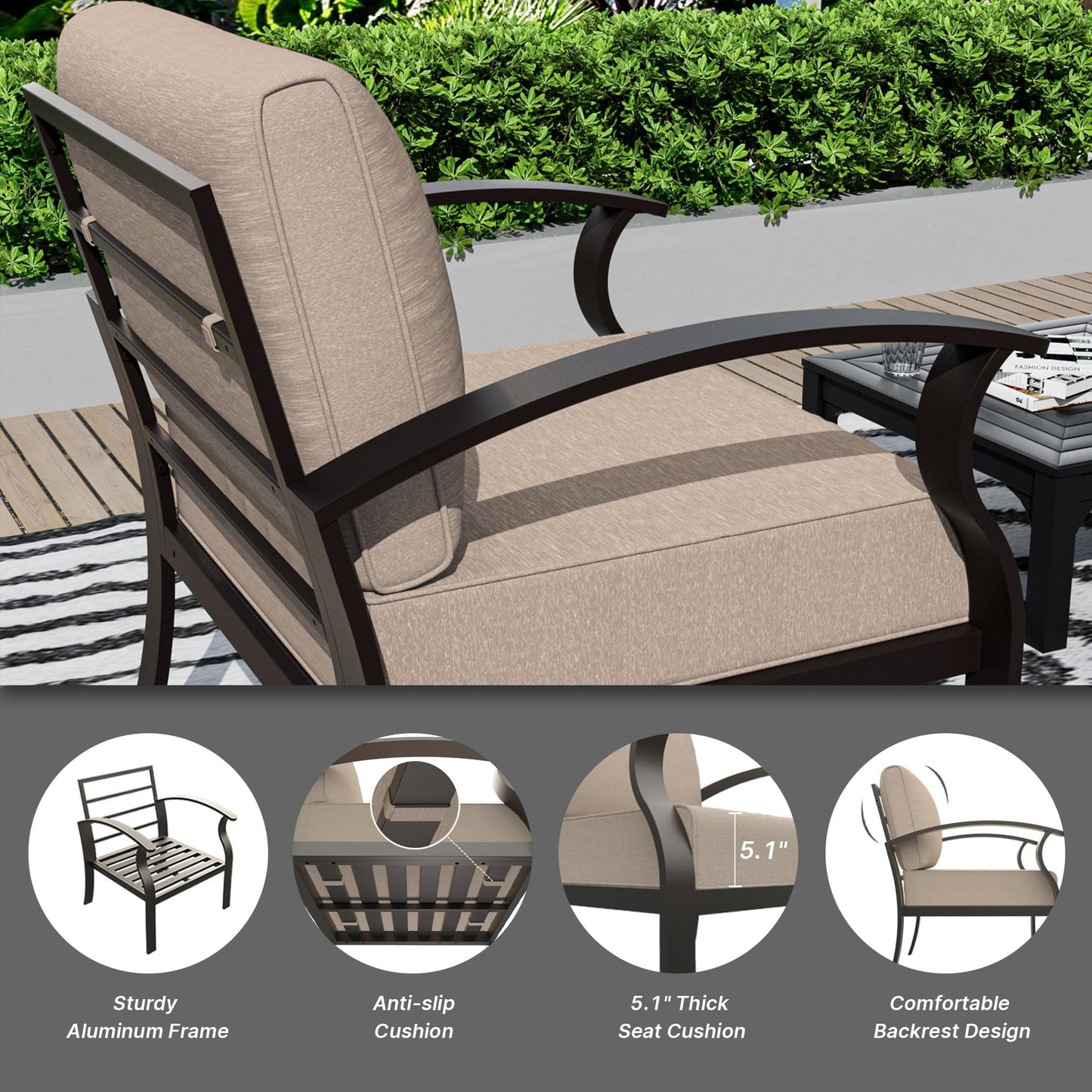 Gotland 5 Piece Aluminum Patio Furniture Set,Modern Metal Outdoor Patio Furniture w/5.1'' Thick Cushion and Rectangular Coffee Table,Patio Conversation Sets for Porch,Deck