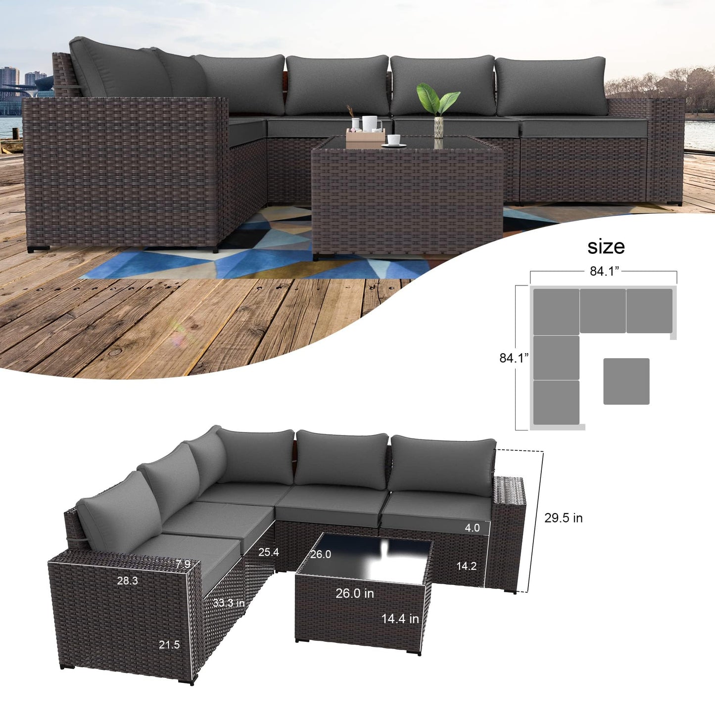 Gotland 6 Pieces Outdoor Patio Furniture Set Rattan Wicker Conversation Set,Wide Armrest
