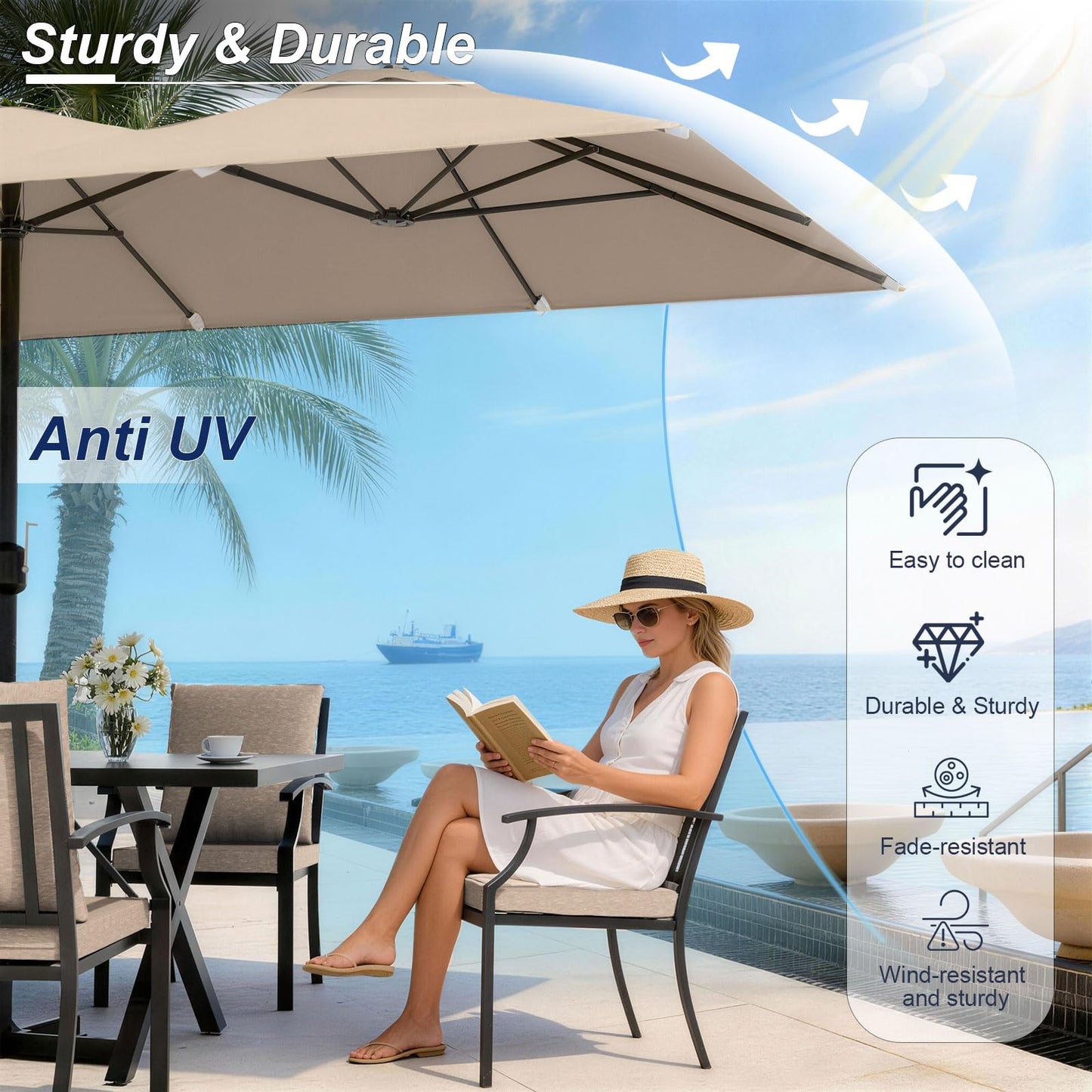 Gotland 10PCS Patio Conversation Set, Metal Outdoor Furniture Set Includes 13.6FT Umbrella, Hole Cut-Out 78.7" x 35.4" Table and 8 Metal Stackable chairs for Backyard Garden