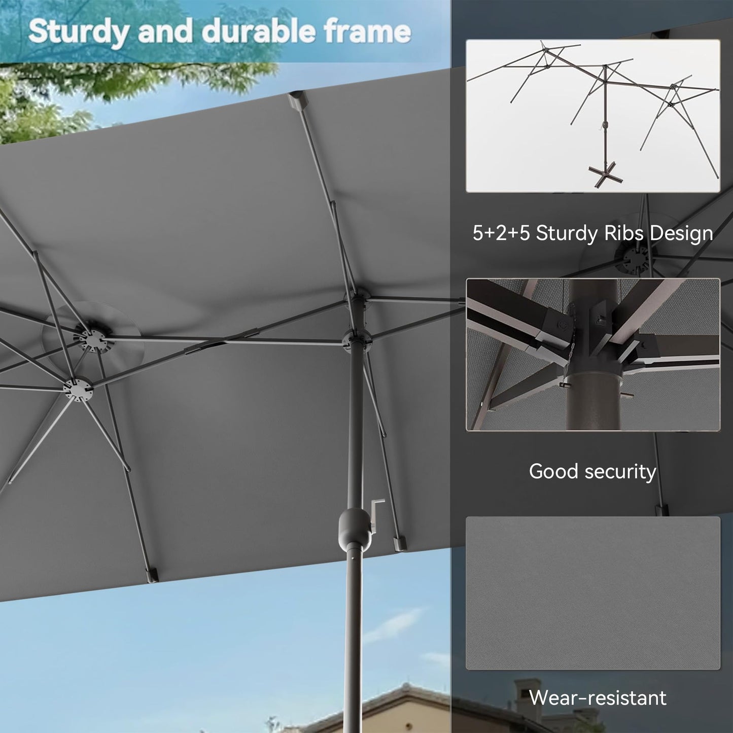 ALAULM 14FT Patio Umbrellas with Cross Base, Outdoor Double-Sided Umbrella Large Rectangle Table Market Umbrella with Crank Handle & Ribs, for Pool Lawn Garden Beige
