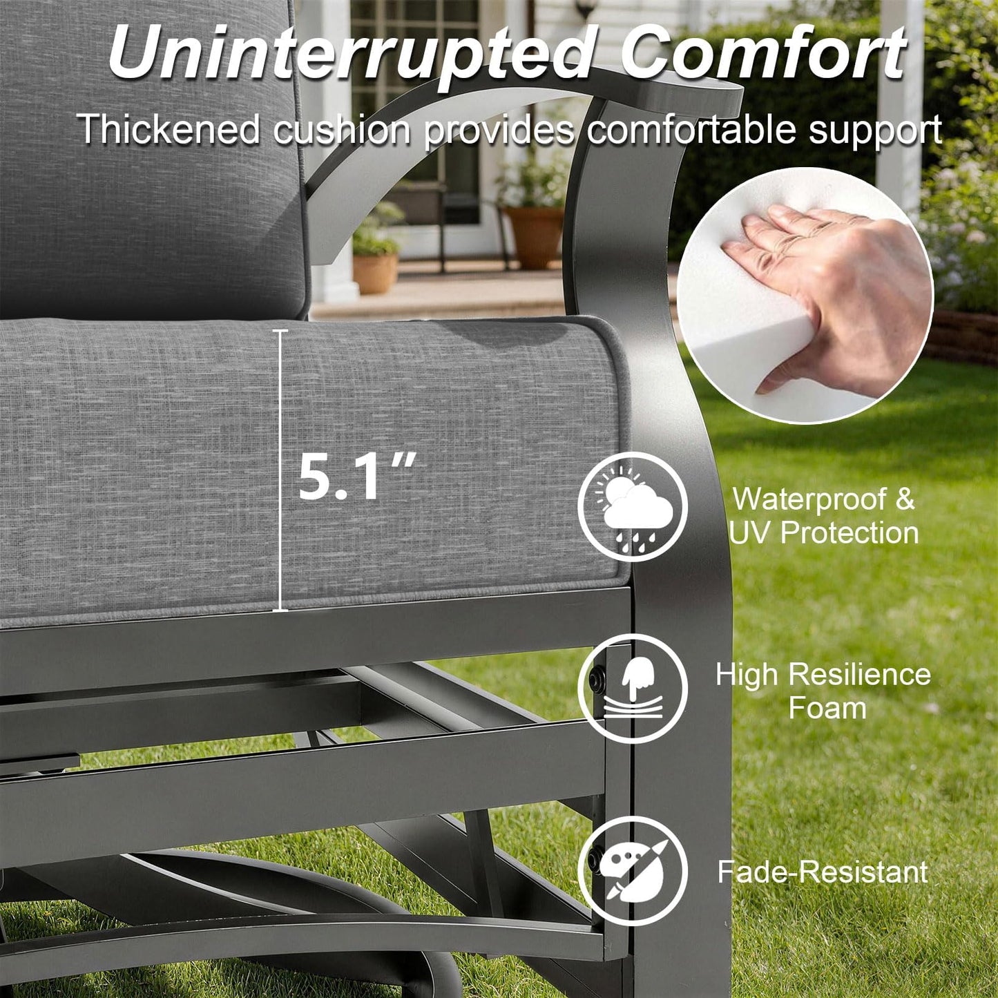 Gotland 6 Piece Patio Set, Aluminum Outdoor Swivel Chairs Set with Round Table 5.1’’ High-Resilience Seat Cushions 29.5" Deep Seating, Metal Patio Furniture Set Patio Conversation Sets