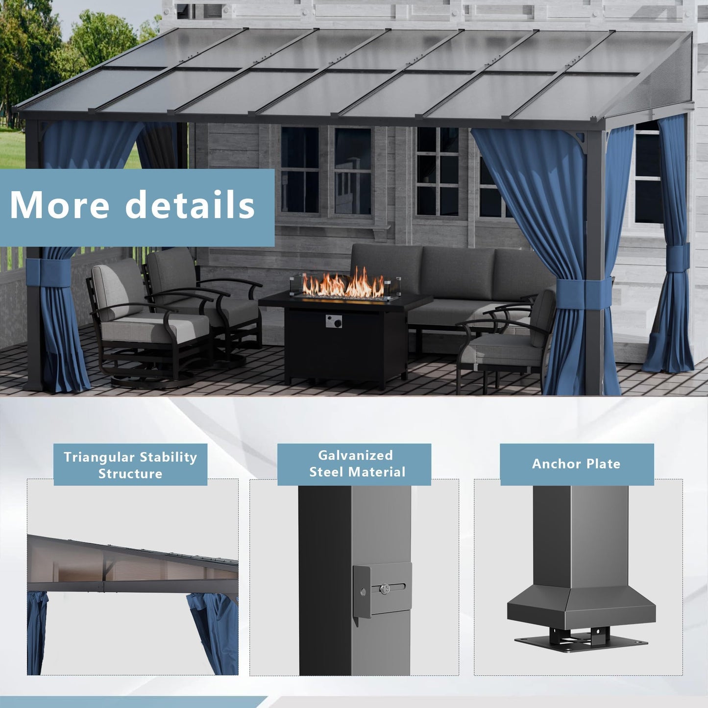 ALAULM 10'x 14' Outdoor Hardtop Gazebo,Wall Mounted Lean to Gazebo with Curtains and Netting,Galvanized Metal Frame,Sunshade for Patio, Backyard, Deck and Lawns (Dark Blue)