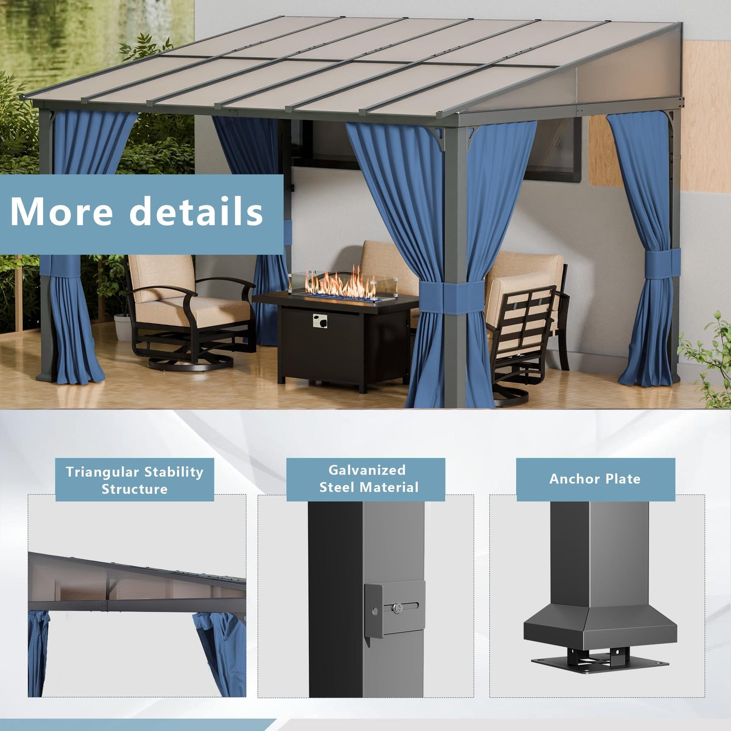 ALAULM 10'x 12' Outdoor Hardtop Gazebo,Wall Mounted Lean to Gazebo with Curtains and Netting,Galvanized Metal Frame,Sunshade for Patio, Backyard, Deck and Lawns (Dark Blue)