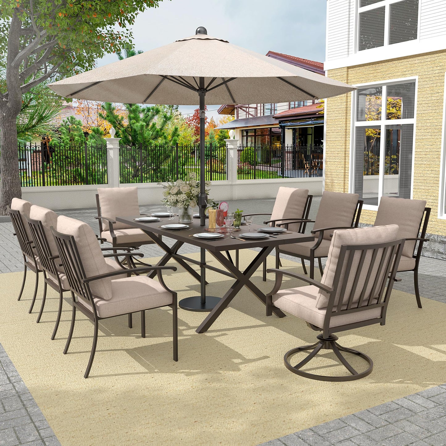Gotland 9 Piece Outdoor Dining Set, Metal Outdoor Table,6 Single chairs and 2 Swivel Chairs , Patio Furniture Set with Waterproof Cushions, Patio Dining Sets for Backyard Deck ,Sand