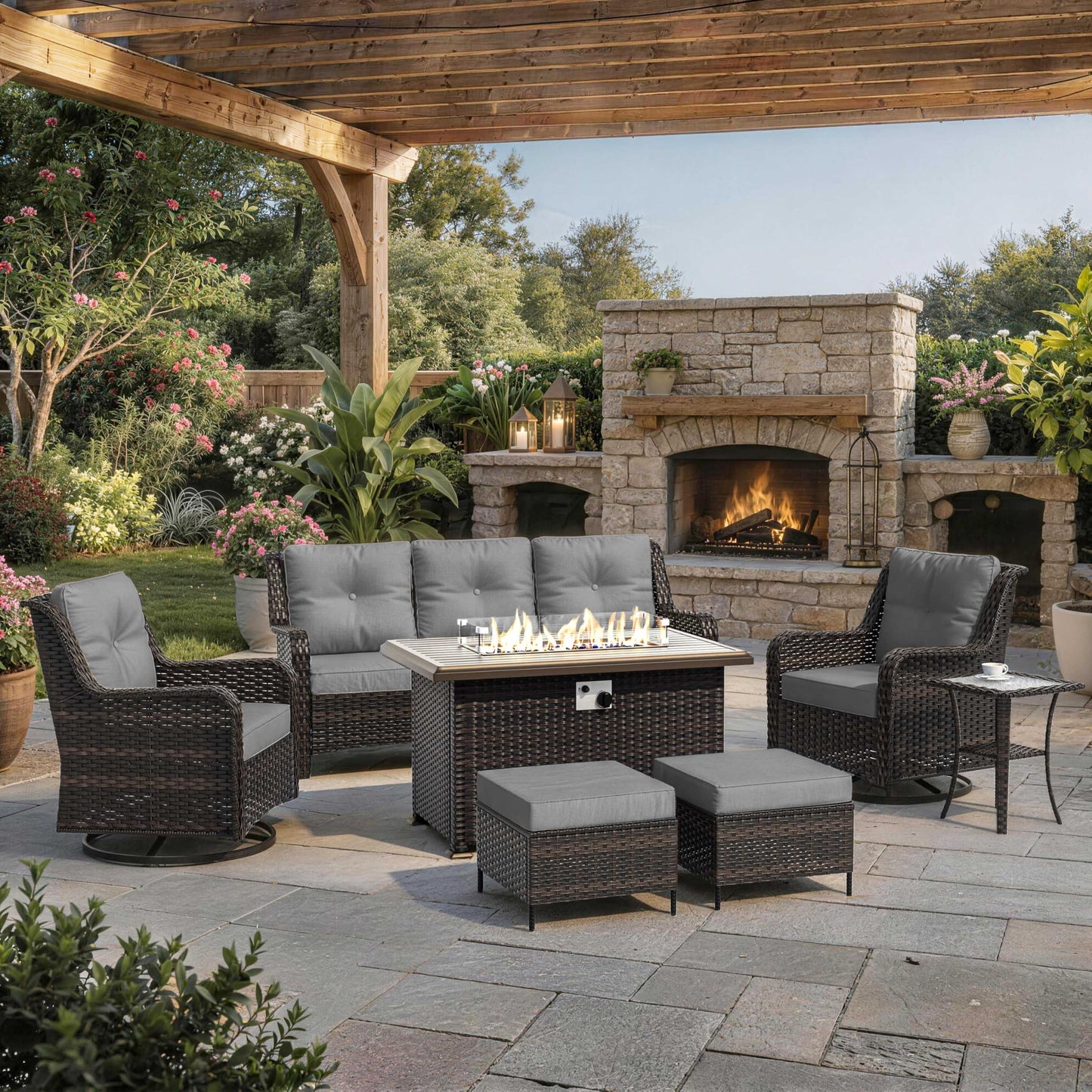 ALAULM 8PCS Patio Furniture Set, Outdoor Thick Wicker Sectional Sofas with Swivel Chair & Ottoman, High Back Sectional Couch with Fire Pit Table, Outdoor Conversation Set for Backyard, Porch, Sand