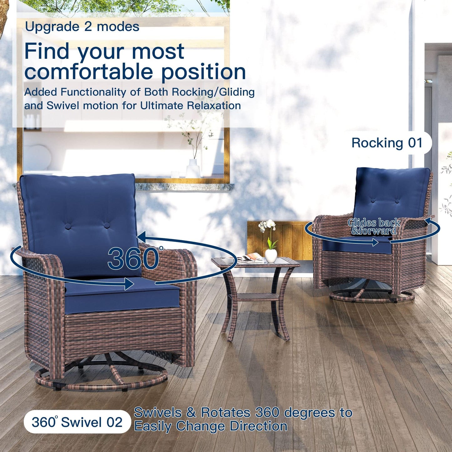 Gotland 5 Pieces Outdoor Swivel Chairs Set,Patio Wicker Rocker Chairs with 4" Thick Cushions,Side Table and Ottomans,Patio Conversation Furniture Set for Patio Porch Deck Backyard