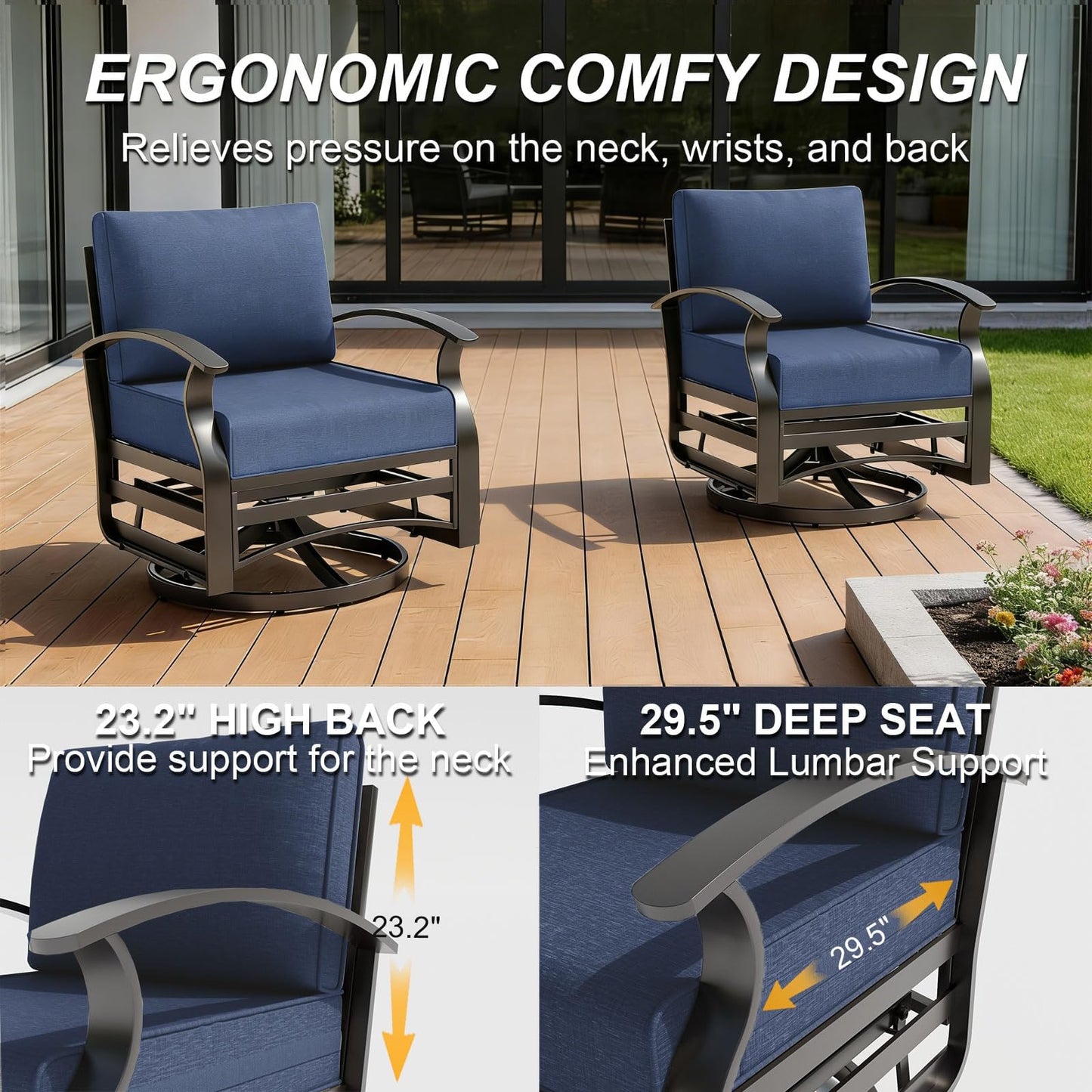 Gotland 6 Piece Patio Set, Aluminum Outdoor Swivel Chairs Set with Round Table 5.1’’ High-Resilience Seat Cushions 29.5" Deep Seating, Metal Patio Furniture Set Patio Conversation Sets