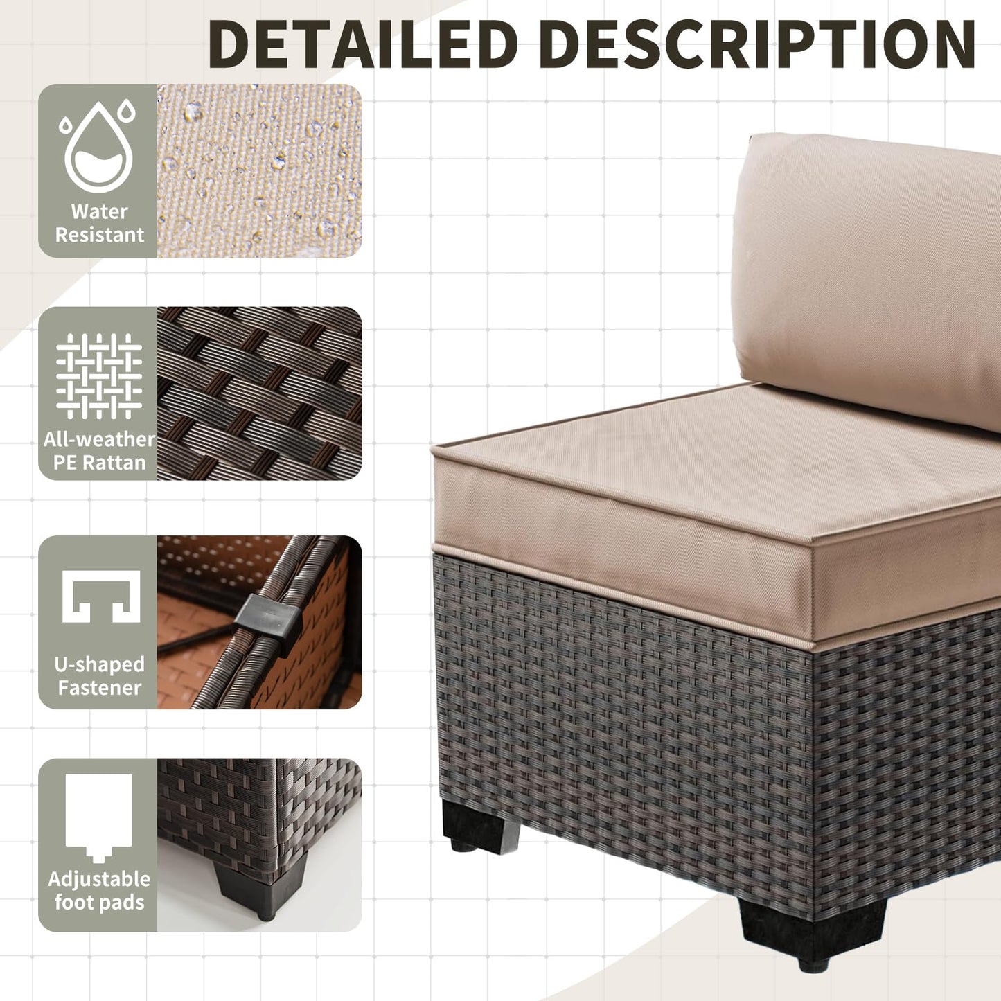 Gotland Outdoor Patio Furniture Set 14 Pieces Sectional Rattan Sofa Set PE Rattan Wicker Patio Conversation Set with Seat Cushions and Tempered Glass Table