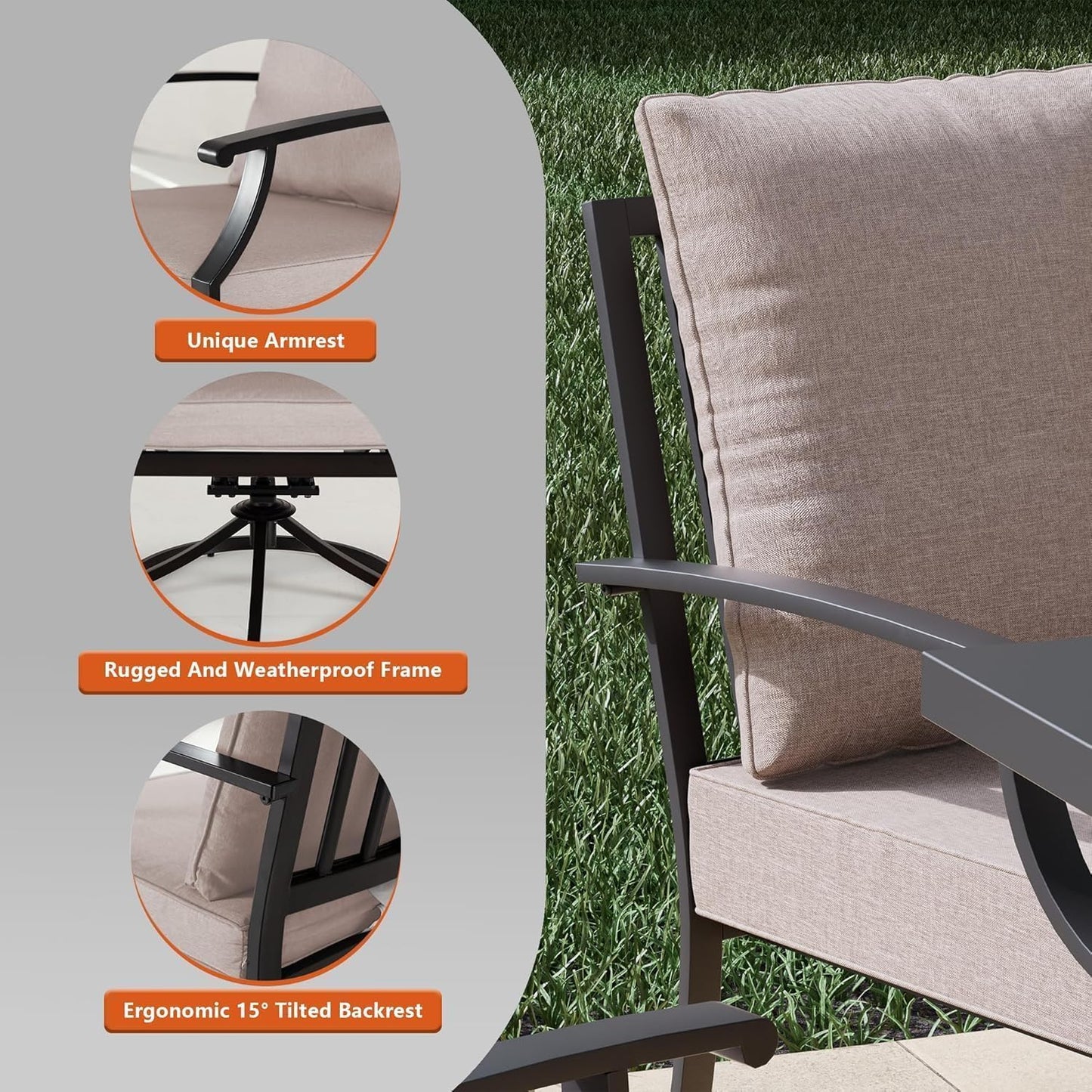 ALAULM 7PCS Metal Outdoor Patio Furniture Set with 48"/55000 BTU Round Propane Fire Pit Table,Patio Conversation Sets 6 Fixed Chairs No-Slip Cushions