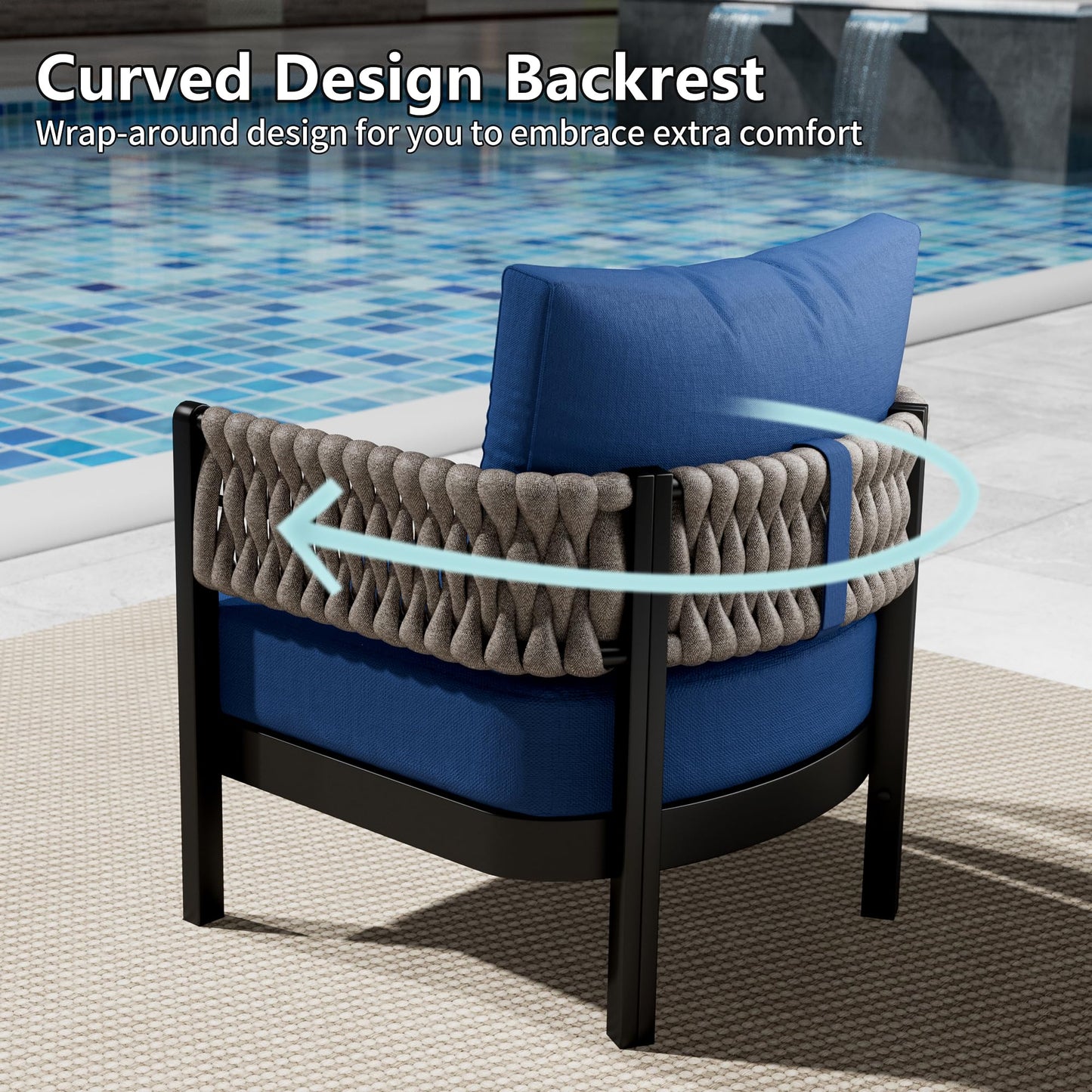 Aluminum Patio Furniture Set,5 Pieces HDPE Rope Patio Conversation Sets with Modular Coffee Table,Metal Outdoor Sectional Furniture w/5.9" Thick Cushions for Porch,Deck,Backyard,Navy Blue