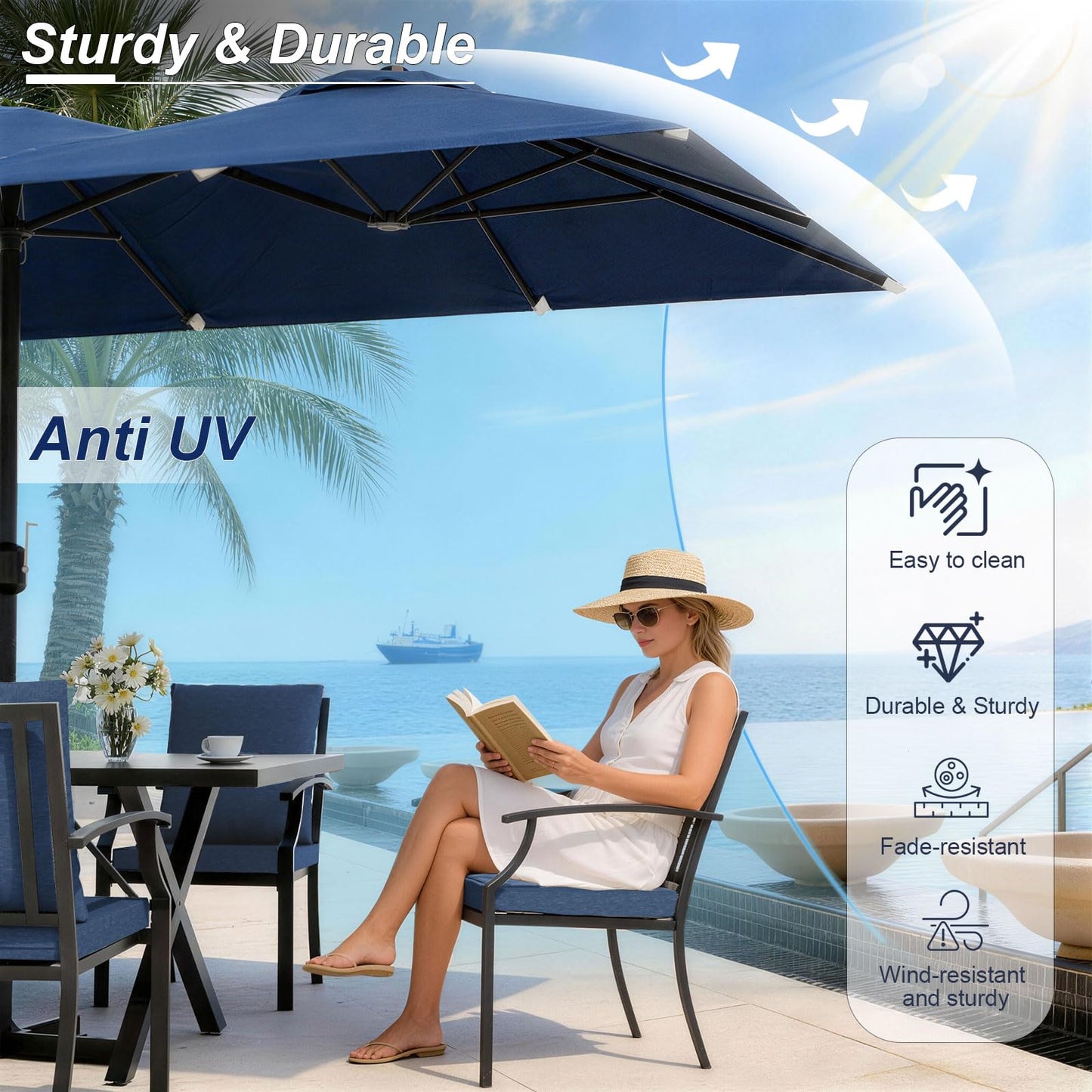 Gotland 10PCS Patio Conversation Set, Metal Outdoor Furniture Set Includes 13.6FT Umbrella, Hole Cut-Out 78.7" x 35.4" Table and 8 Metal Stackable chairs for Backyard Garden