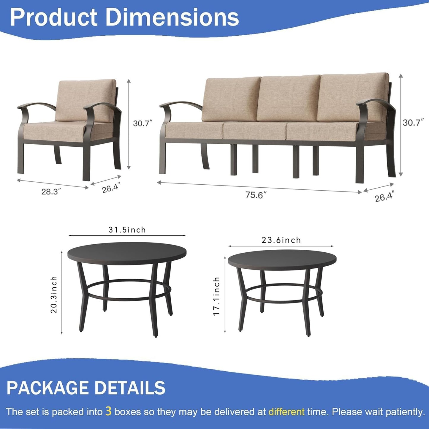 Gotland 5 Piece Aluminum Patio Furniture Set,Modern Metal Outdoor Patio Furniture w/5.1'' Thick Cushion and Round Coffee Table,Patio Conversation Sets for Porch,Deck