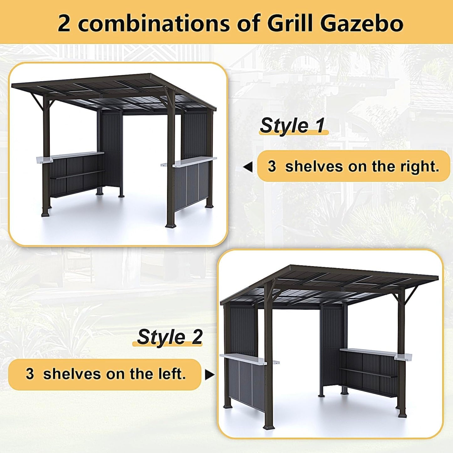 Gotland 10' x 10' Outdoor Hardtop Grill Gazebo, Steel BBQ Gazebo with Multi-Tier Shelves Permanent & Independent Countertop for Patio Backyard Lawn Garden (Dark)