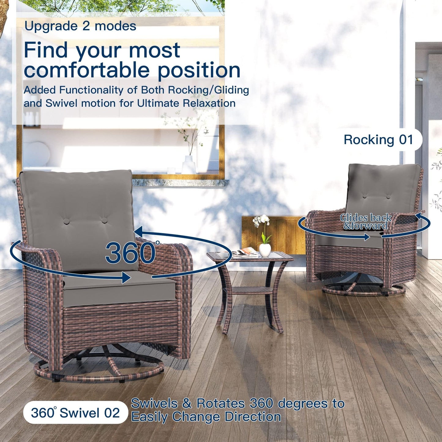 Gotland 5 Pieces Outdoor Swivel Chairs Set,Patio Wicker Rocker Chairs with 4" Thick Cushions,Side Table and Ottomans,Patio Conversation Furniture Set for Patio Porch Deck Backyard