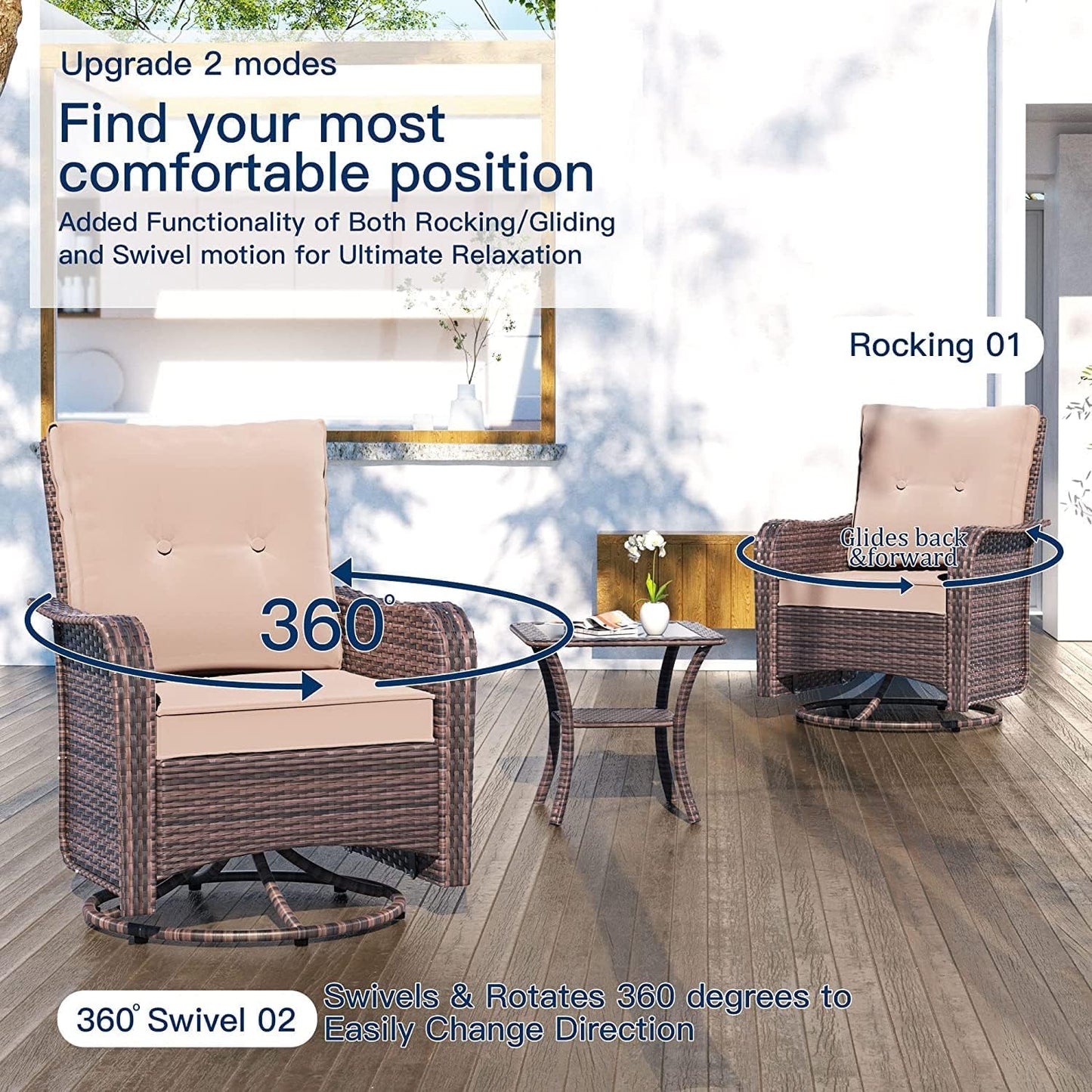 Gotland 5 Pieces Outdoor Swivel Chairs Set,Patio Wicker Rocker Chairs with 4" Thick Cushions,Side Table and Ottomans,Patio Conversation Furniture Set for Patio Porch Deck Backyard