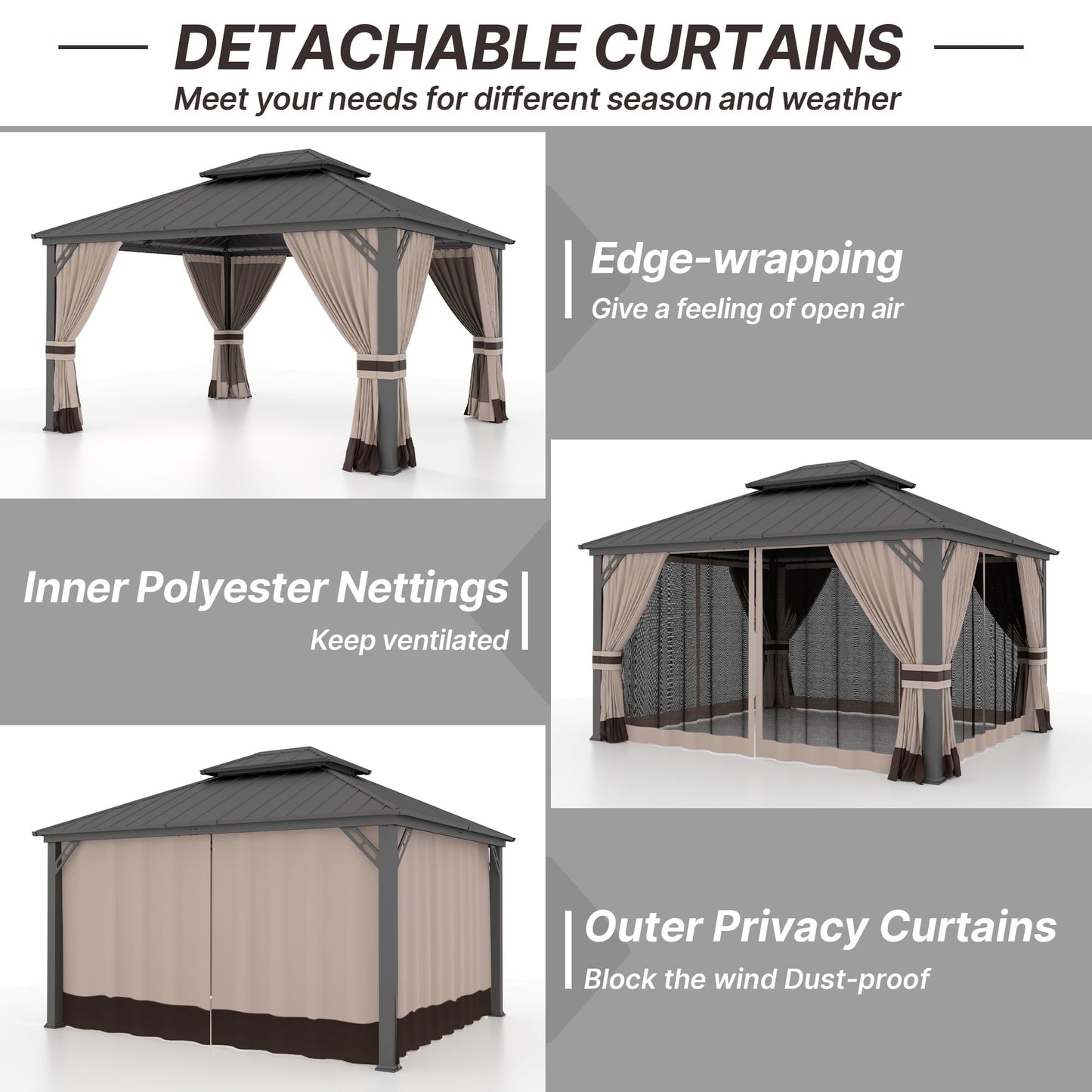 Gotland 12' x 20' Hardtop Gazebo, Outdoor Galvanized Steel Double-Roof Gazebo with Curtains and Netting for Patios, Gardens, and Lawns