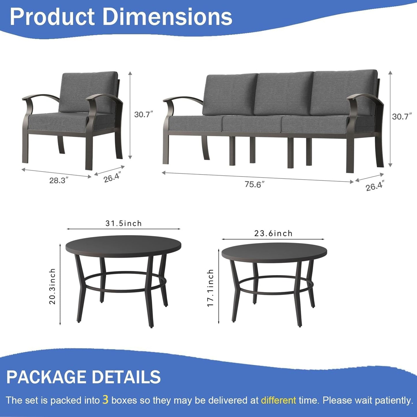 Gotland 5 Piece Aluminum Patio Furniture Set,Modern Metal Outdoor Patio Furniture w/5.1'' Thick Cushion and Round Coffee Table,Patio Conversation Sets for Porch,Deck