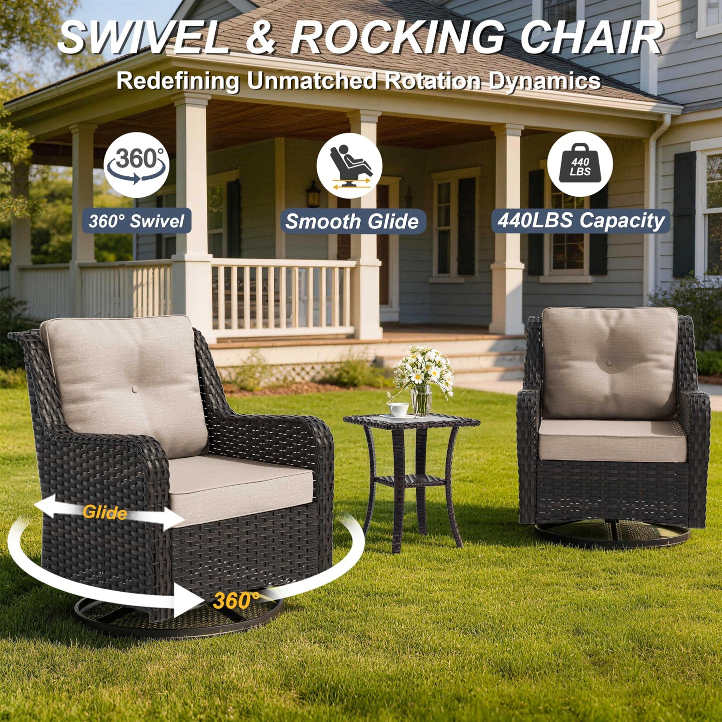 ALAULM 8PCS Patio Furniture Set, Outdoor Thick Wicker Sectional Sofas with Swivel Chair & Ottoman, High Back Sectional Couch with Fire Pit Table, Outdoor Conversation Set for Backyard, Porch, Sand
