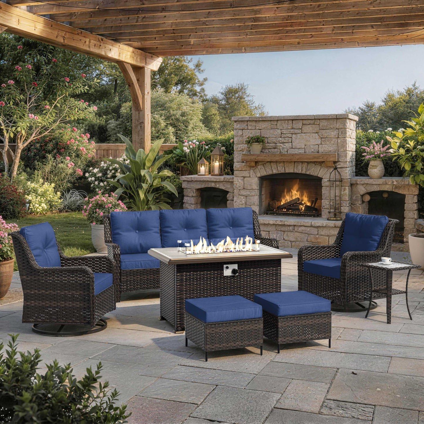 ALAULM 8PCS Patio Furniture Set, Outdoor Thick Wicker Sectional Sofas with Swivel Chair & Ottoman, High Back Sectional Couch with Fire Pit Table, Outdoor Conversation Set for Backyard, Porch, Sand