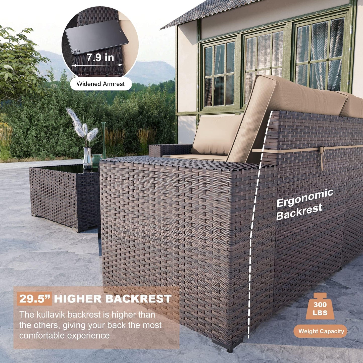 Gotland 6 Pieces Outdoor Patio Furniture Set Rattan Wicker Conversation Set,Wide Armrest